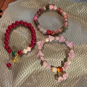 Asian Beaded Bracelet Trio - Red, Pink, and Multicolor